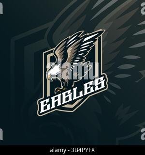 Design con logo della mascotte Eagle con un moderno stile di illustrazione per la stampa di badge, emblemi e t shirt. Illustrazione aquila per squadre sportive e sportive. Illustrazione Vettoriale