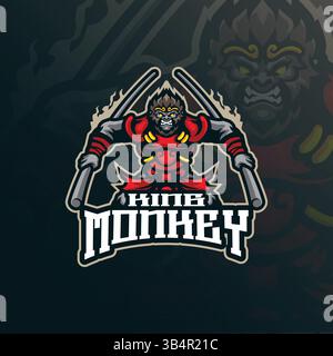 Design con logo della mascotte scimmietta con design moderno per la stampa di badge, stemmi e t shirt. Illustrazione del re delle scimmie per sport e esport Illustrazione Vettoriale