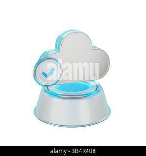 Icona 3D del cloud computing con un segno di spunta sulla sicurezza informatica, posizionata su un podio circolare. Foto Stock