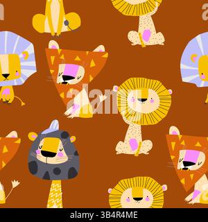 Motivo senza cuciture con simpatici leoni di cartone animato Illustrazione Vettoriale