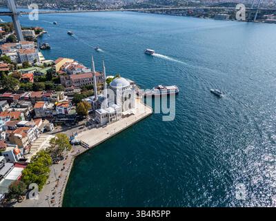 Foto drone della moschea di Ortaköy o Büyük Mecidiye Camii a Beşiktaş, Istanbul, Turchia durante una giornata di sole sul lato del Bosforo Foto Stock