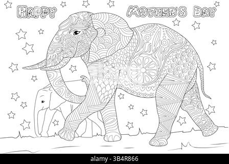 Buona festa della mamma Elephant Zentangle da colorare Illustrazione Vettoriale