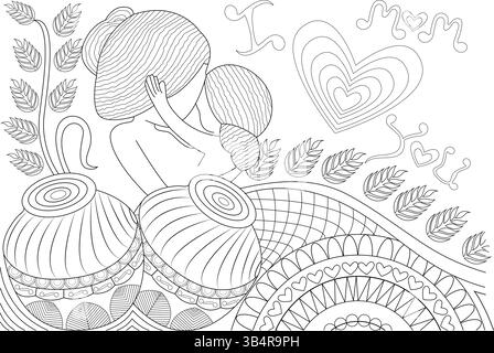 Pagina da colorare per la festa della mamma con abbraccio per mamma e bambino Illustrazione Vettoriale