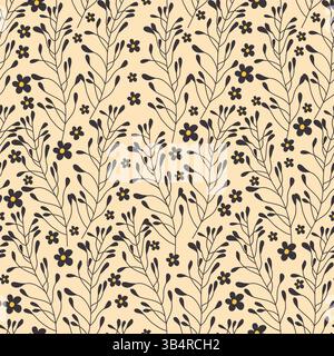 Fantasia senza cuciture Ditsy Botanical minimalista con steli frondosi e piccoli fiori su sfondo beige. Elegante sfondo ripetitivo con naturalezza Illustrazione Vettoriale