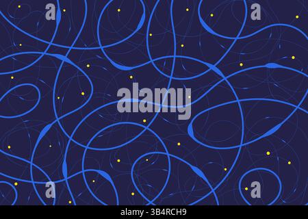 Swirls blu astratto con puntini gialli su sfondo blu scuro. Linee intrecciate con vibrazioni retrò cosmiche e movimenti vibranti. Perfetto per sfondi Illustrazione Vettoriale