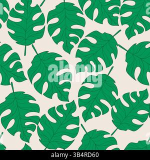 Motivo lamellare senza cuciture con foglie di verde tropicale su sfondo beige. Vivace e vivace sfondo verde con fogliame tropicale, forme audaci, e. Illustrazione Vettoriale