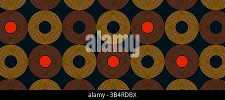 Motivo senza cuciture con retro vinile record con linee circolari nei toni giallo, marrone e arancione. Design geometrico audace con cerchi concentrici Illustrazione Vettoriale