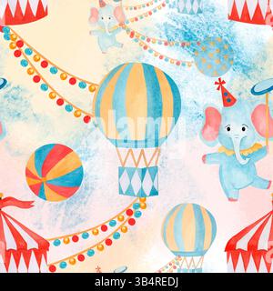 Acquerello con motivo senza cuciture disegnato a mano, giocoliere con elefanti, tenda e palloncino su sfondo multicolore. Per tessuti per bambini, carta da parati Foto Stock