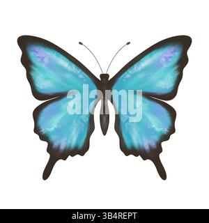 Meravigliosa farfalla blu, viola e turchese. Illustrazione digitale fatta a mano Foto Stock