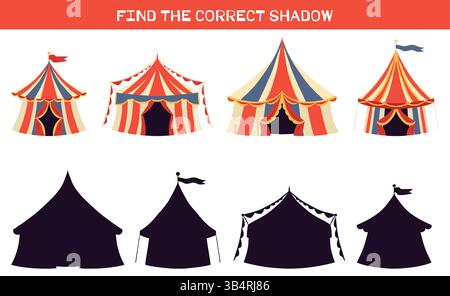 Gioco educativo vettoriale per bambini. Abbina le tende da circo alle ombre corrette. Modello educativo festivo. Attività divertenti per bambini. Istruzione Illustrazione Vettoriale