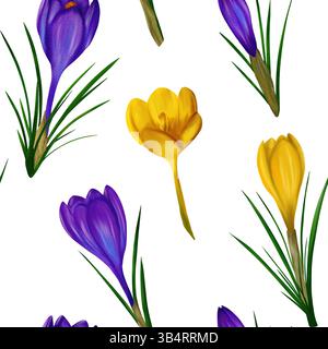 Splendidi fiori di croci viola e giallo su sfondo bianco, motivo senza cuciture Foto Stock