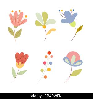 set colorato con graziosi fiori estivi e ramoscelli colorati e foglie su sfondo bianco Illustrazione Vettoriale
