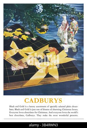 1962 pubblicità natalizia britannica per la scatola dell'assortimento Cadbury's Black and Gold Plain Chocolate. Foto Stock