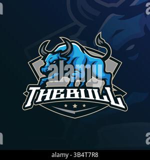 Design vettoriale con logo della mascotte Bull e design moderno per la stampa di badge, emblemi e t shirt. Illustrazione di toro arrabbiato per la squadra sportiva. Illustrazione Vettoriale