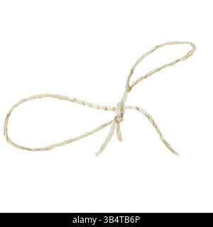 Un arco fatto di corda di iuta. Illustrazione acquerello. Spago sottile ritorto, annodato, isolato su uno spago di sfondo bianco, archi annodati e nodi di fune per Foto Stock