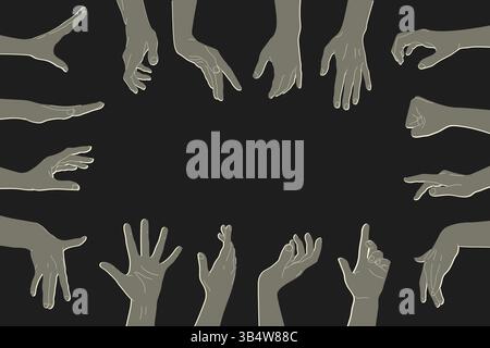 Sagome a mani umane con diversi gesti sullo sfondo con spazio vuoto per il testo. Gesti delle mani umane. Vettore Illustrazione Vettoriale