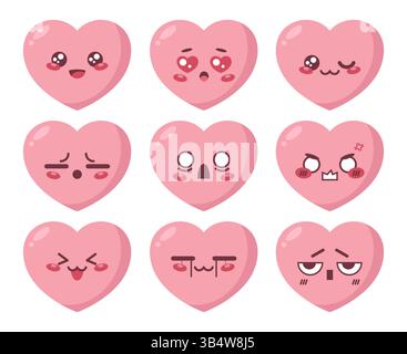 Set di emoji manga con carino cuore. Icone emoji della mascotte dei cartoni animati del cuore. Illustrazione vettoriale Illustrazione Vettoriale