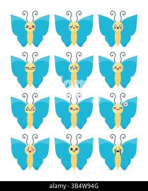 Simpatico set di emoji manga con personaggio farfalla. Icone emoji mascotte a forma di cartoni animati a farfalla. Illustrazione vettoriale Illustrazione Vettoriale