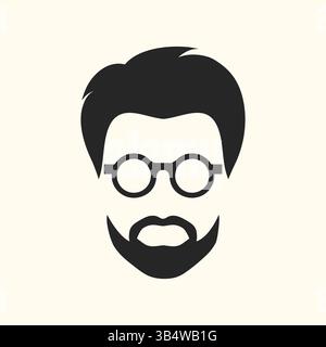 Icona uomo barbuto con occhiali. Taglio di capelli, occhiali e barba. Ritratto minimalista astratto isolato di un volto maschile in occhiali da vista. Illustrazione vettoriale Illustrazione Vettoriale