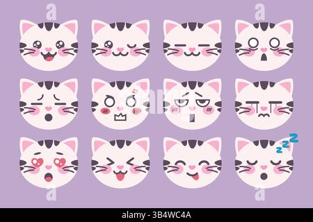 Simpatico set di emoji manga di personaggi gatto. Icone emoji mascotte dei cartoni animati. Illustrazione vettoriale Illustrazione Vettoriale