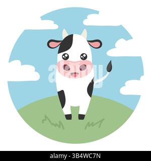 Mucca cartoni animati sul prato verde. Una mucca carina. Illustrazione vettoriale Illustrazione Vettoriale