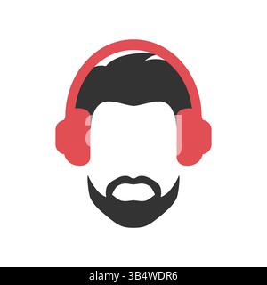 Ritratto astratto minimalista di un volto maschile con le cuffie. Icona uomo con gli auricolari. Illustrazione vettoriale Illustrazione Vettoriale