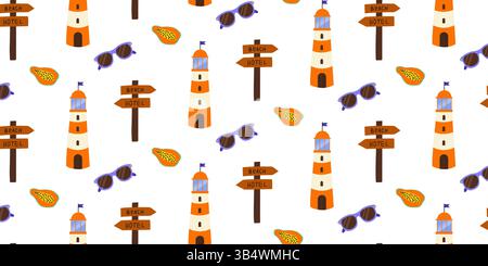 Colorato motivo a tema spiaggia con fari, cartelli e frutta tropicale Illustrazione Vettoriale