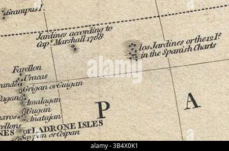La mappa del 1806 di John Cary, intitolata "A New Map of Asia", presenta "Los Jardines" come raffigurato nel contesto di Asia, Polinesia e Australia. Questa mappa riflette la conoscenza geografica del tempo, segnando le posizioni delle isole fantasma, Los Jardines, su una mappa britannica del periodo. Foto Stock