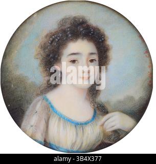 Questo ritratto in miniatura dipinto da Emmanuel Chev. De Chateaubourg nel 1796 raffigura Luisa, Principessa d'Assia-Darmstadt, figlia diciassettenne di Ludovico X, Langravio d'Assia-Darmstadt. Il ritratto è alloggiato in una scatola di vetro nera con supporti dorati. Foto Stock