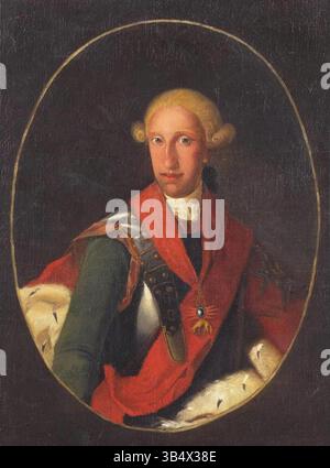 Questo ritratto del XVIII secolo raffigura re Ferdinando i delle due Sicilie (1751–1825), figlio di Carlo III di Spagna. Il dipinto, eseguito in olio su tela, riflette la discendenza e il potere della famiglia reale durante il suo regno. L'opera fa parte di una scuola austriaca sconosciuta, datata tra il 1760 e il 1790. Foto Stock