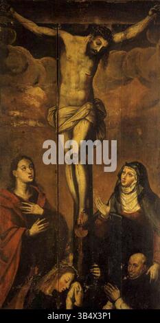 Questo dipinto del XVI secolo intitolato *Crocifissione con Ritratto donatore* raffigura António Teles de Meneses, vescovo di Lamego. È ospitato nel Museo di Lamego in Portogallo e illustra la miscela di devozione religiosa e patronato durante il periodo. Foto Stock