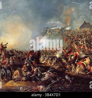 Questo dipinto ad olio del 1815 di William Sadler cattura l'intenso momento della battaglia di Waterloo, segnando il conflitto decisivo che ha portato alla sconfitta di Napoleone. Il dipinto fornisce un ritratto storico del significato della battaglia. Foto Stock