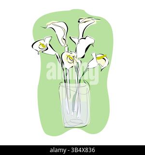 Fiori di giglio bianco di calla minimalista in un vaso di vetro. Elementi botanici alla moda. La linea disegnata a mano lascia rami e sbocciare. Illustrazione Vettoriale
