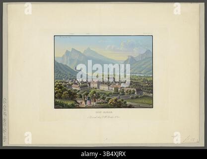Una stampa acquatica del XIX secolo raffigurante Hof-Ragaz, una regione della Svizzera. L'immagine cattura il paesaggio svizzero con particolare attenzione alle caratteristiche geografiche della zona. Foto Stock