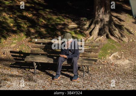 Un uomo anziano siede su una panchina di legno in un tranquillo parco all'ombra degli alberi, apparendo premuroso. Foto Stock