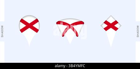 Set di marcatori mappa Alabama. Perfetto per progetti legati all'Alabama, viaggi, geografia e rappresentanza internazionale. Raccolta vettoriale. Illustrazione Vettoriale