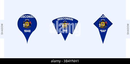 Set di marcatori della mappa del Wisconsin. Perfetto per progetti legati al Wisconsin, viaggi, geografia e rappresentanza internazionale. Raccolta vettoriale. Illustrazione Vettoriale