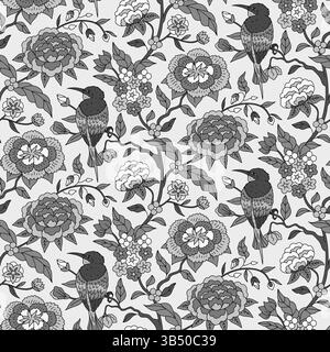 Motivo senza cuciture con chinoiserie grigia monocromatica fiori e uccelli disegnati a mano. Carta da parati floreale con ornamenti di rametti posteriori in stile cinese Illustrazione Vettoriale