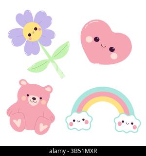 Carino set di elementi kawaii. Orsacchiotto, arcobaleno, fiore e cuore. Illustrazione Vettoriale