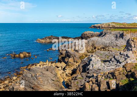 La spiaggia e la costa rocciosa ad est di Cemaes Bay, sulla costa settentrionale di Anglesey, nel Galles del Nord, il villaggio più a nord del Galles. Foto Stock