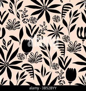 Motivo botanico minimalista con steli frondosi e piccoli fiori su sfondo beige. Elegante sfondo ripetitivo con elementi naturali, line art Illustrazione Vettoriale