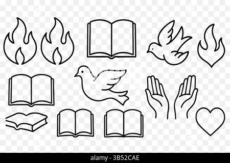 Set di Flames, Doves, Open Bibles, Hands, and Hearts – Collezione minimalista di simboli religiosi e spirituali Illustrazione Vettoriale