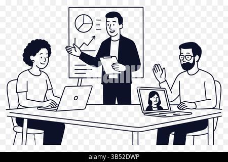 Illustrazione minimalista di un team diversificato che lavora insieme in un ufficio moderno Illustrazione Vettoriale