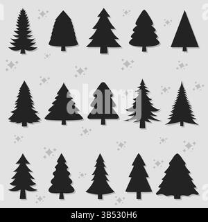 Grande collezione di icone di alberi di natale decorati in stile vintage per il design delle vacanze invernali Illustrazione Vettoriale