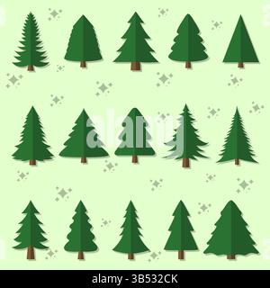 Set vettoriale di icone degli alberi di Natale dei cartoni animati Illustrazione Vettoriale