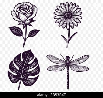 Collage-Cutout Set di Nature – Botanical and Natural Elements Vector Collection Illustrazione Vettoriale