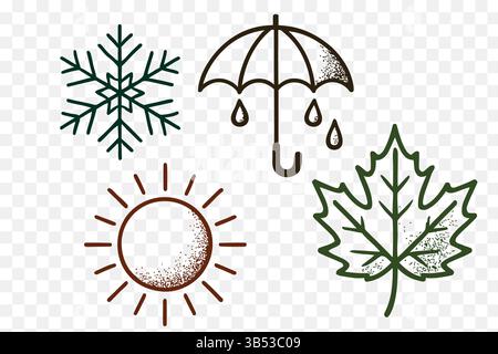 Icone minimaliste della stagione meteorologica Set Sole, fiocco di neve, ombrello, Collezione Art Vector della linea Vintage in foglia d'acero Illustrazione Vettoriale