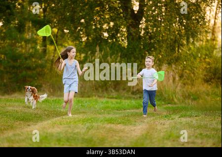 Fratello e sorella carini che corrono a piedi nudi con la rete per farfalle sull'erba mentre giocano all'aperto con il cane spaniel di re charles. Vacanze in campagna, estate Foto Stock