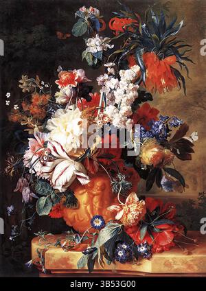 HUYSUM, Jan van (B. 1682, Amsterdam, d. 1749, Amsterdam) bouquet di fiori in un'urna 1724 olio su tela Los Angeles County Museum of Art, Los Angeles la linea principale della pittura olandese del XVIII secolo è rappresentata dagli Amsterdam Rachel Ruysch e Jan van Huysum, entrambi specializzati in elaborate immagini di fiori e frutta. Erano i pittori di nature morte più popolari del periodo; le loro opere avevano prezzi elevati e sono state trovate in famose collezioni in tutta Europa, e i loro dipinti colorati hanno ancora un ampio fascino. Lo status che gli era stato concesso nel loro tim Foto Stock
