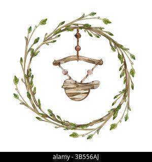 Corona primaverile, giovani germogli di albero con gemme raccolte in una corona, un ciondolo a forma di uccello in legno. Tutti gli oggetti sono disegnati a mano con Foto Stock